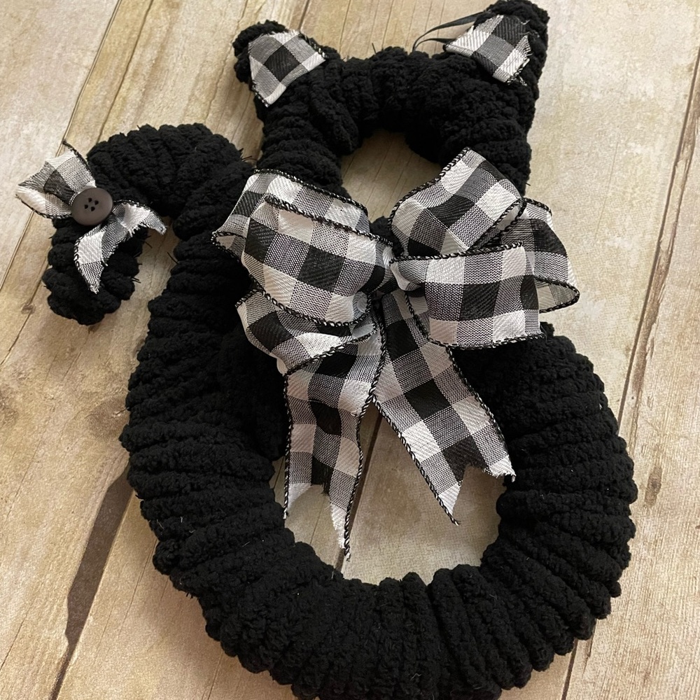 Black Kitty Door Hanger with Black and White Ribbon Accents